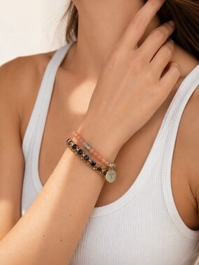 Gold & Rose Gold-Tone Bracelet Set With Beaded & Metal Accents Black & Blush Pin